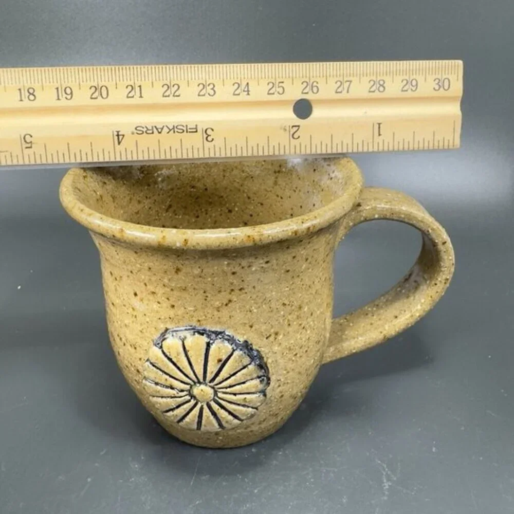 Hand Made Pottery Coffee Mug Cup Stoneware Artist Signed Raised Flower Brown VTG